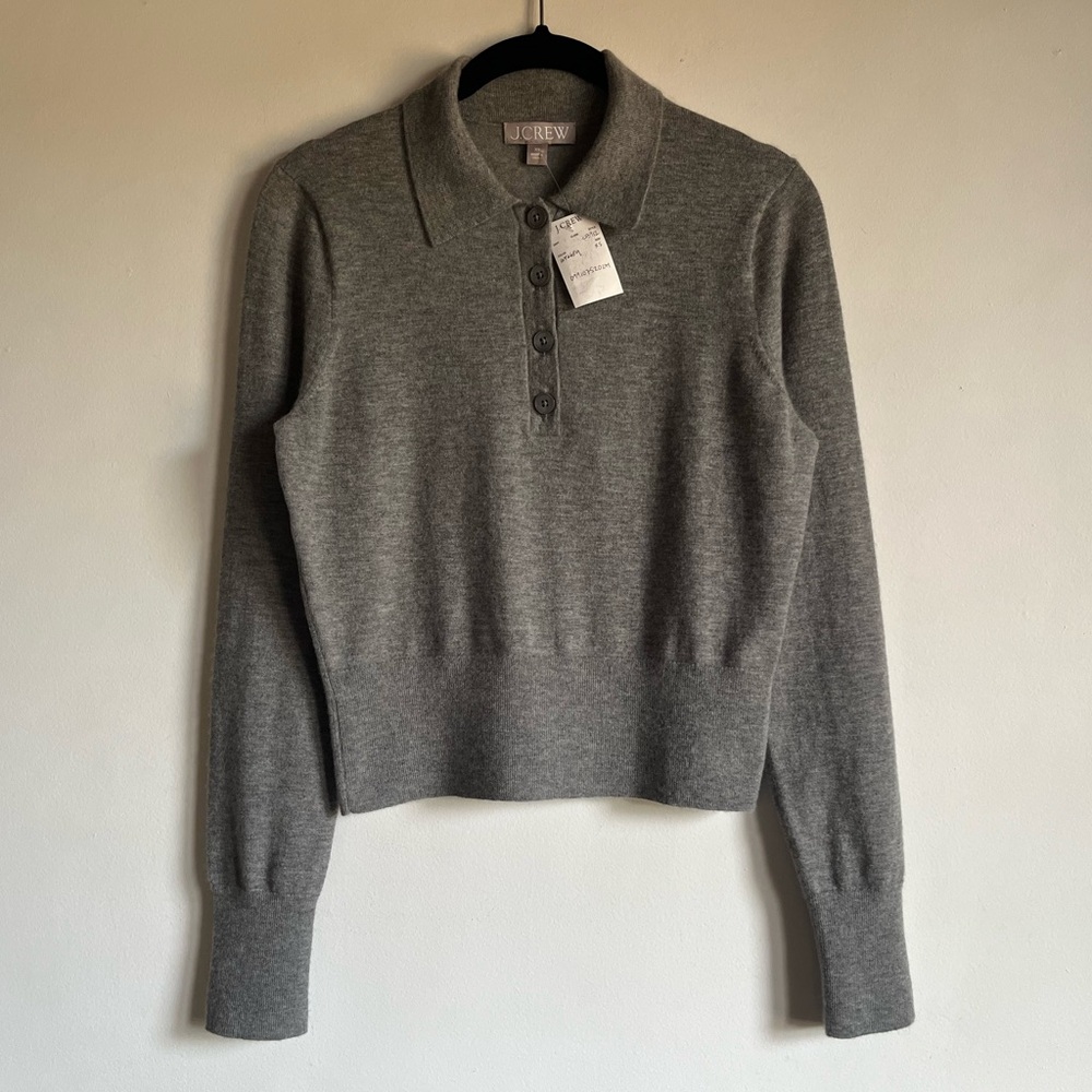 J Crew Featherweight Cashmere Blend Long Sleeve Polo Sweater Grey XS $148 CB912